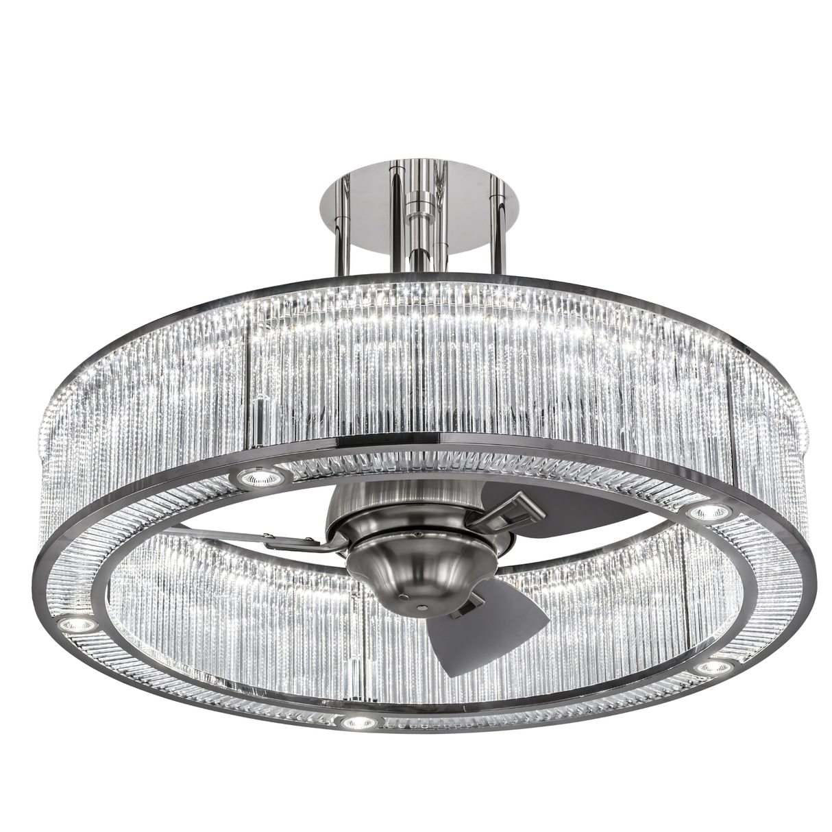 Bottom angled unlit view emphasizing fan and circular frame.