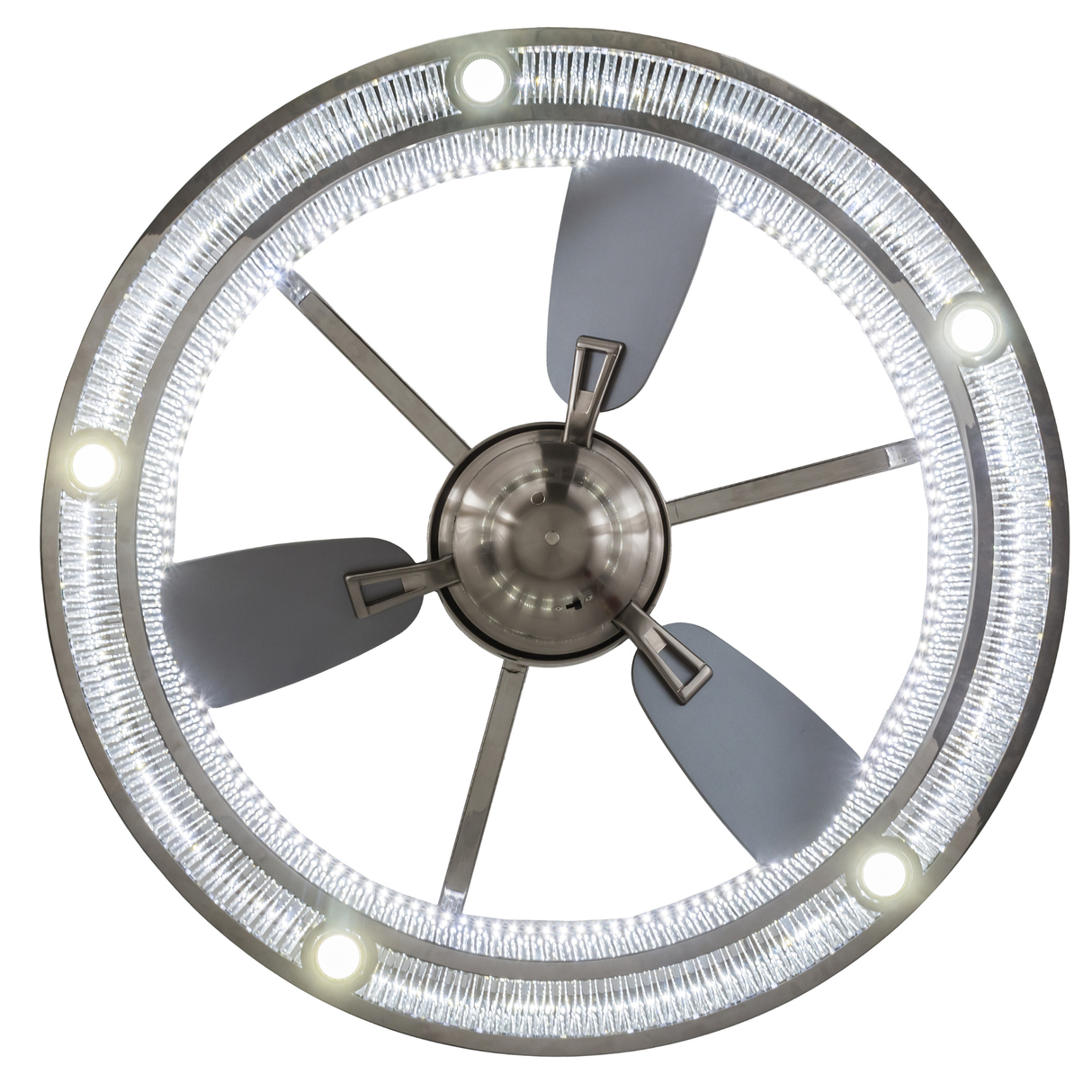 Bottom lit view focusing on fan blades and LED ring lights.