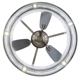 Bottom lit view focusing on fan blades and LED ring lights.