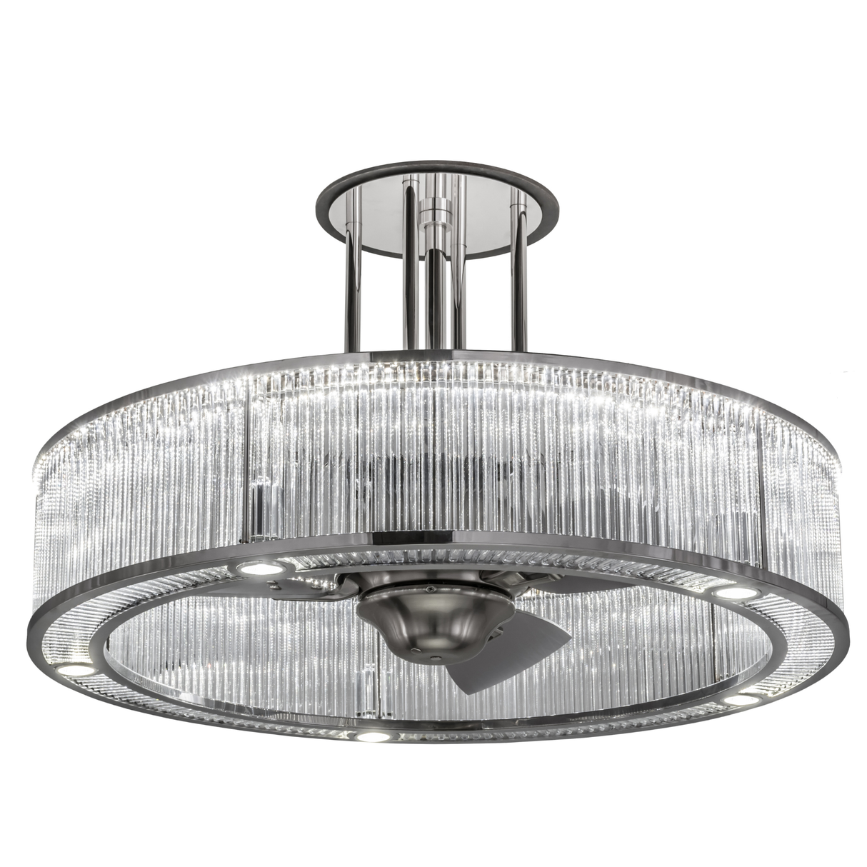 Front angled lit view showing prismatic glass and stainless steel frame.