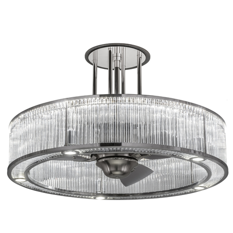 Front angled lit view showing prismatic glass and stainless steel frame.