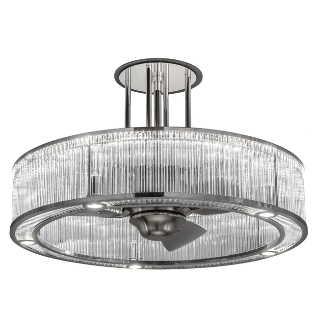 Front angled lit view showing prismatic glass and stainless steel frame.