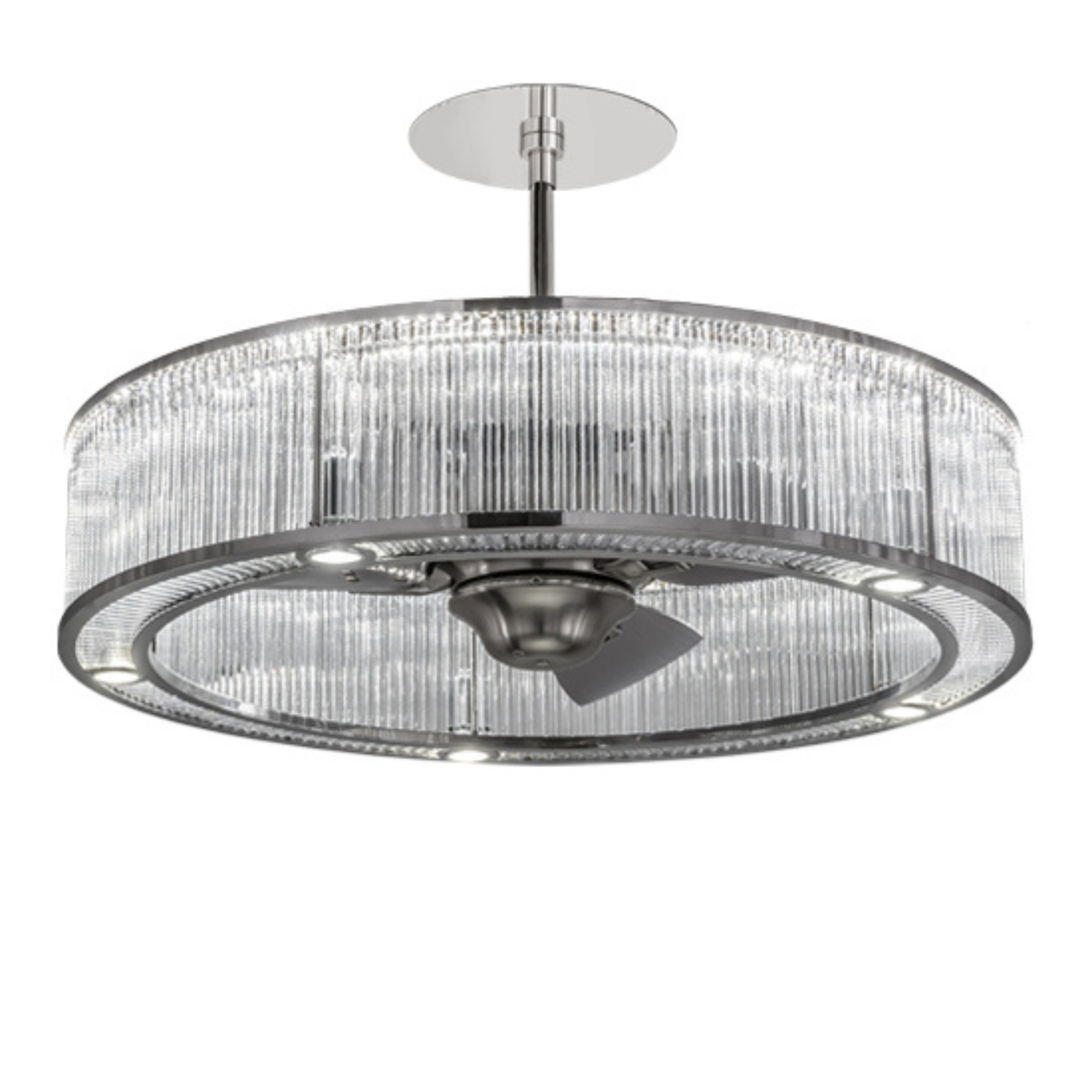 Front angled lit view showing clear glass panels and polished stainless frame.