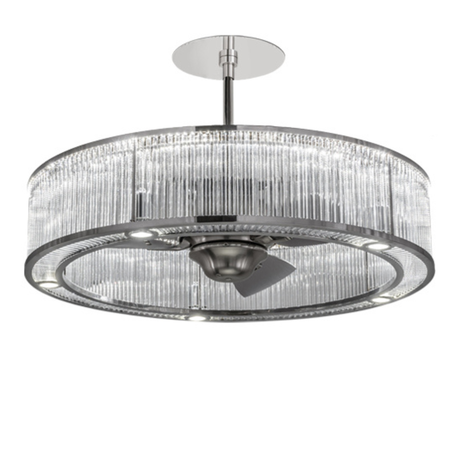 Front angled lit view showing clear glass panels and polished stainless frame.