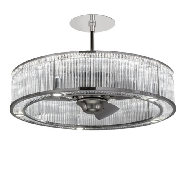 Front angled lit view showing clear glass panels and polished stainless frame.
