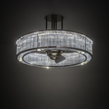 Lit view in dark room highlighting glowing prismatic glass.
