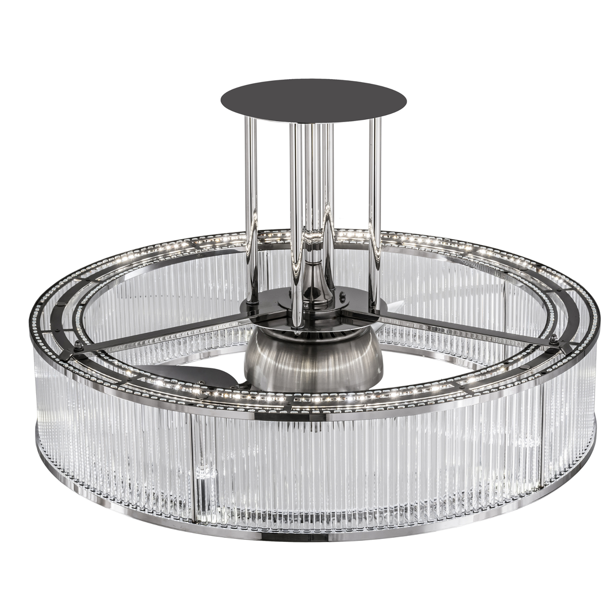 Top angled lit view showing polished stainless supports and LEDs.