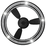 Bottom lit view revealing LED downlights and fan blades inside circular frame.