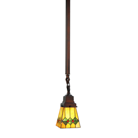 Martini Mission mini pendant with geometric stained glass and mahogany bronze hardware.