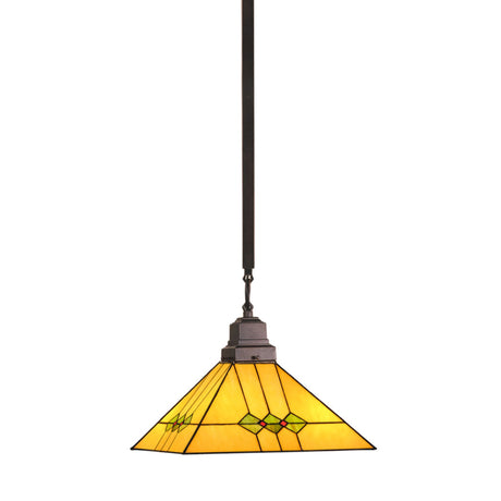Martini Mission pendant showing its geometric stained glass design and Mahogany Bronze hardware.