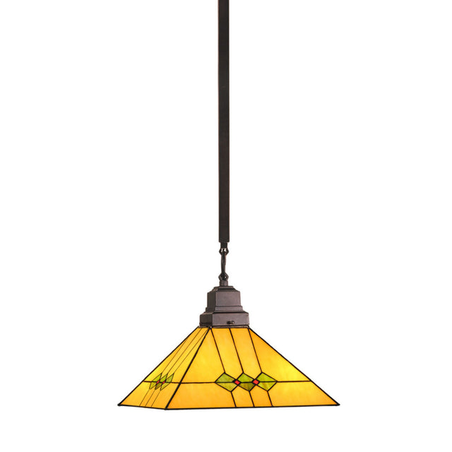 Martini Mission pendant showing its geometric stained glass design and Mahogany Bronze hardware.