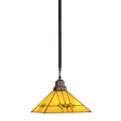 Stylish stained glass pendant with geometric patterns and bronze hardware.