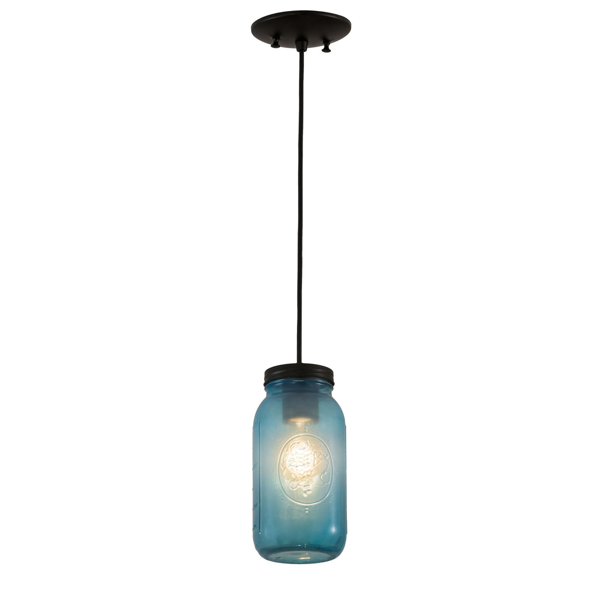 Blue glass Mason jar mini pendant with black top.