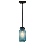 Blue glass Mason jar mini pendant with black top.