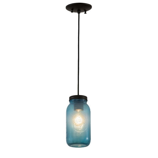 Blue glass Mason jar mini pendant with black top.