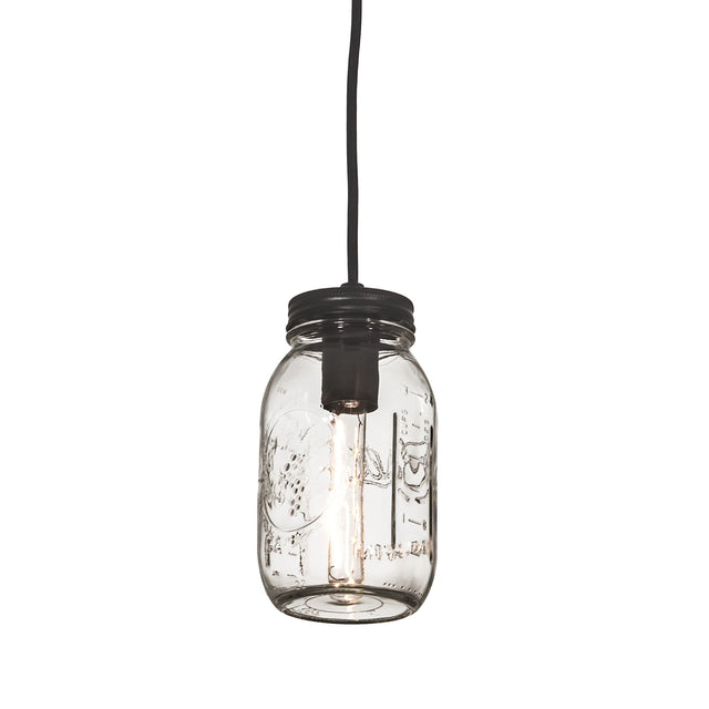 Clear mason jar mini pendant with textured black hardware.