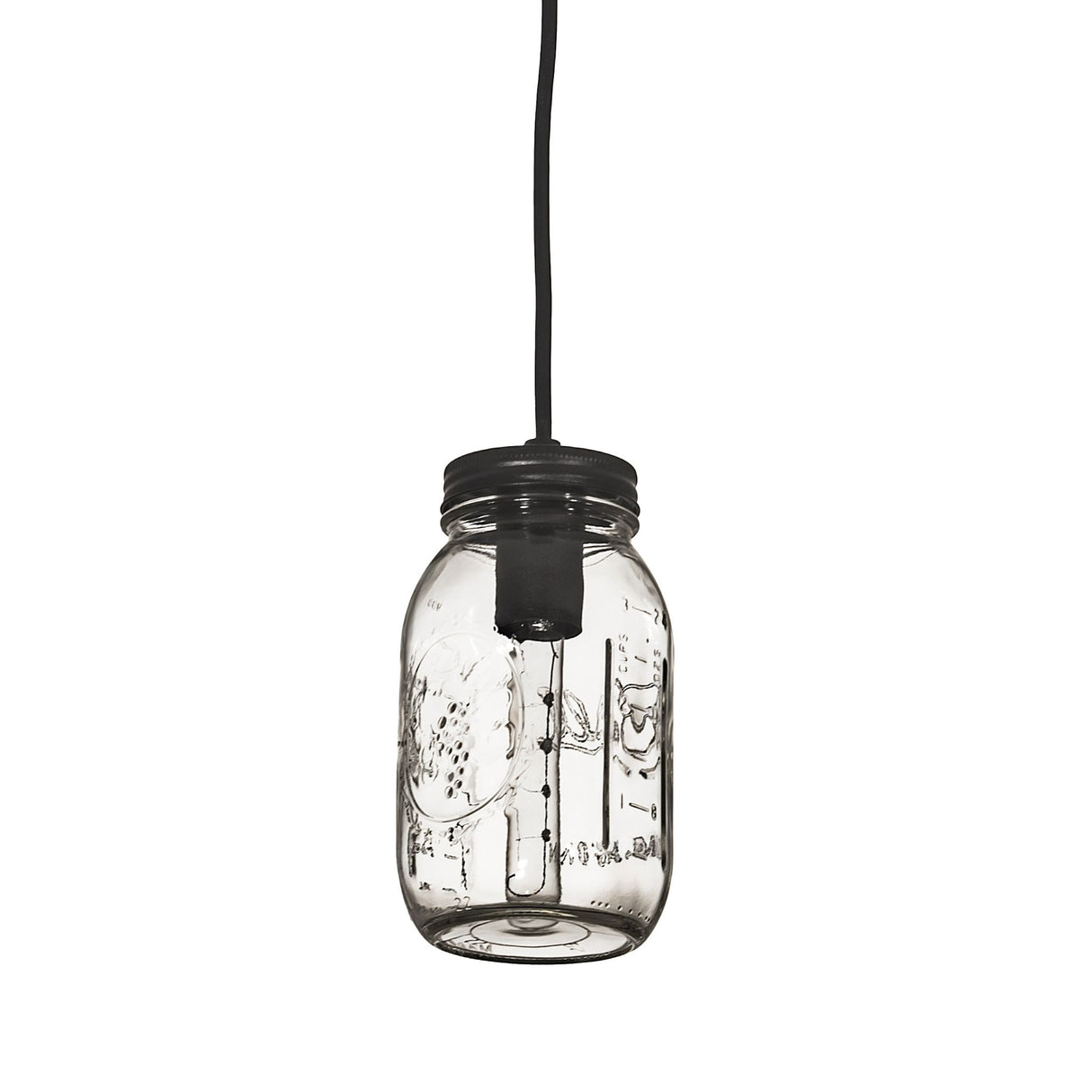 Detailed view of clear mason jar pendant light.
