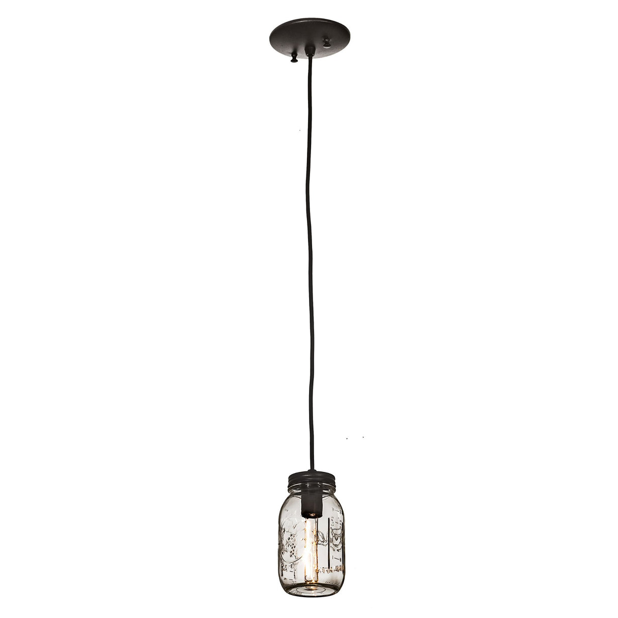 Hanging mason jar light with visible filament bulb.