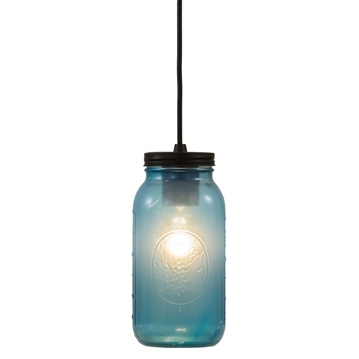 Illuminated powder blue glass mason jar pendant light.