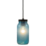 Illuminated powder blue glass mason jar pendant light.