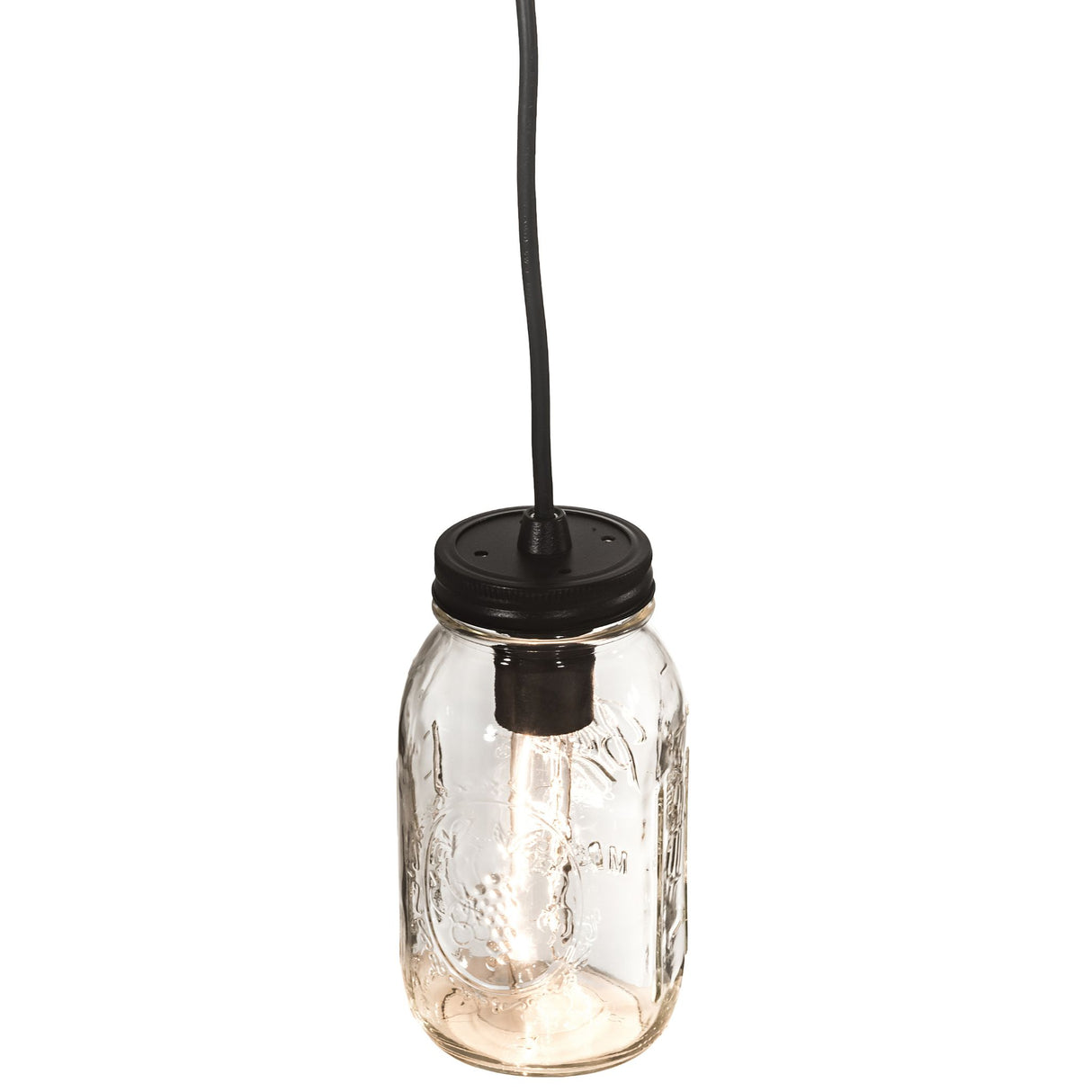 Top view of mason jar pendant light's black lid and cable.