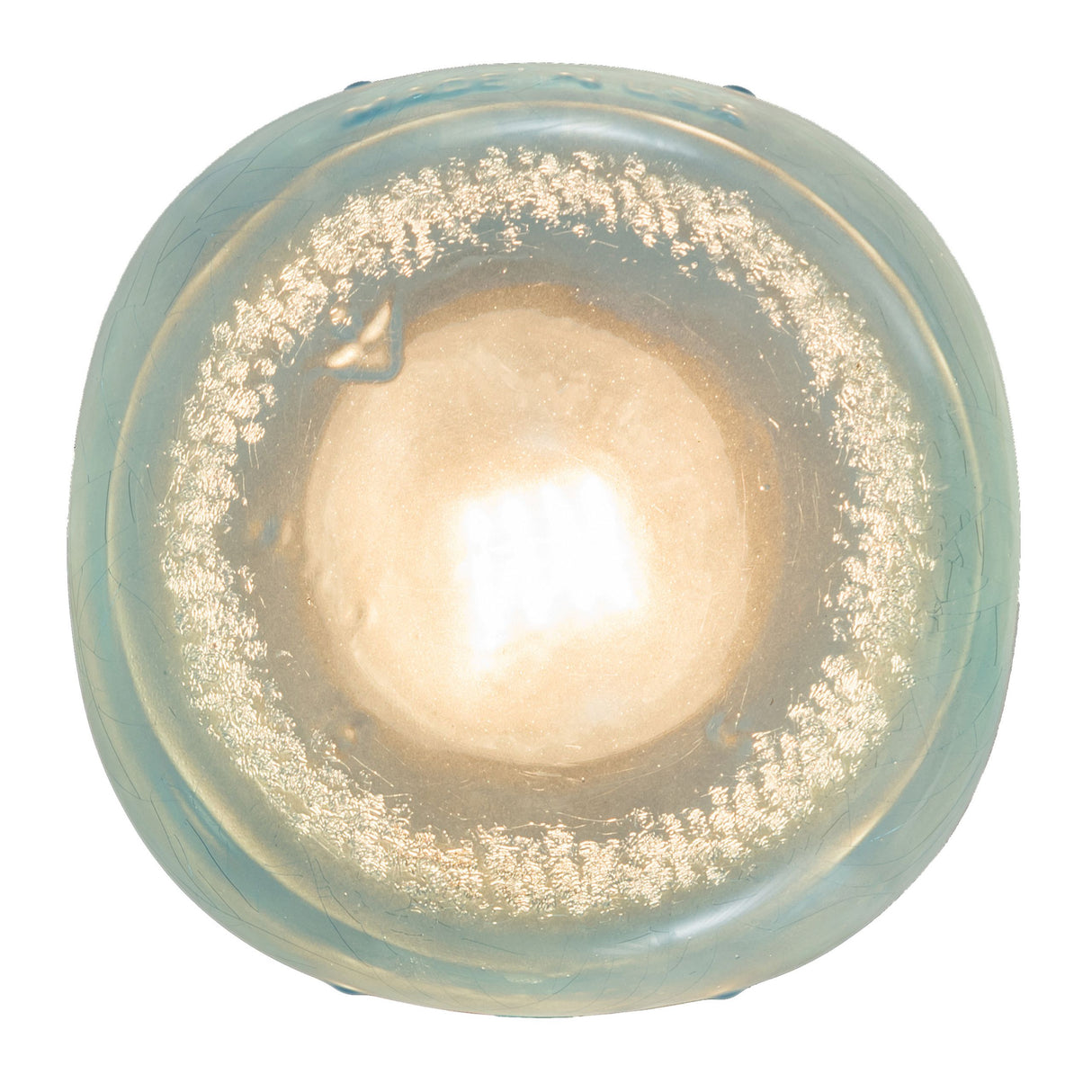 Close-up of bottom view of blue Mason jar pendant light.
