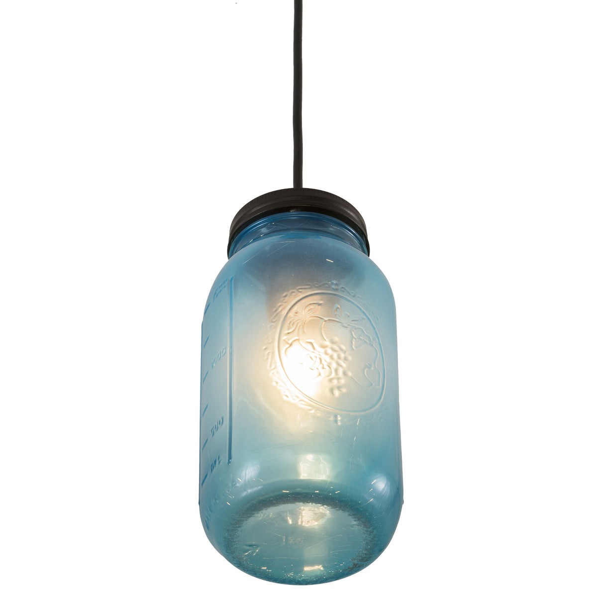 Close-up of illuminated Mason jar pendant ceiling mount.