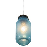 Close-up of illuminated Mason jar pendant ceiling mount.