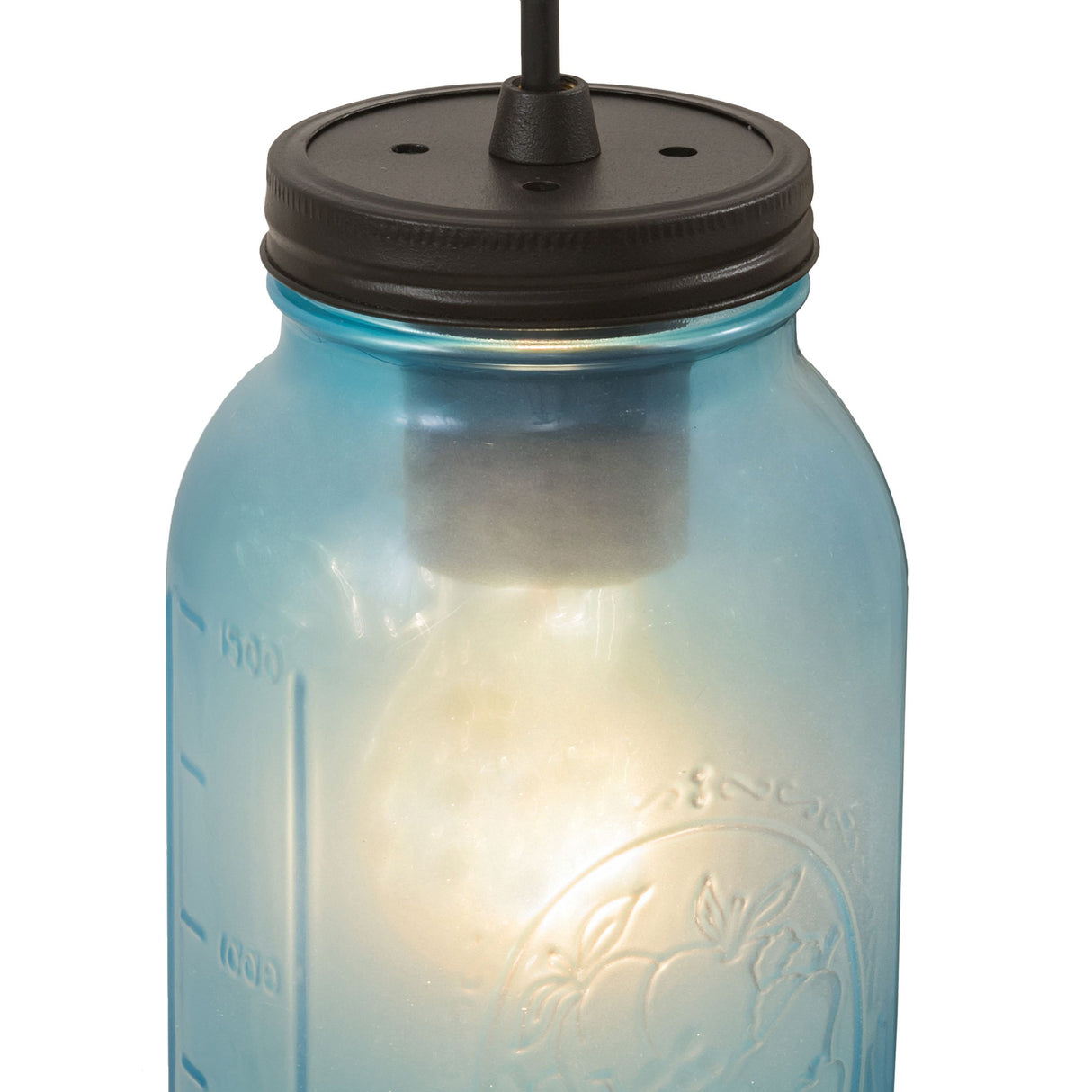 Top view of blue Mason jar lid on pendant light.