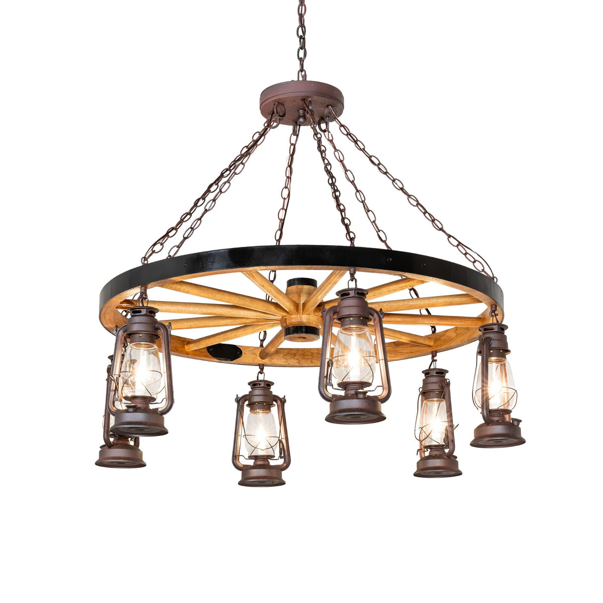 Lit view of Miners Lantern wagon wheel chandelier with six lantern lights.
