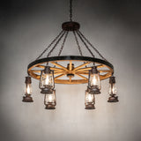 Miners Lantern wagon wheel chandelier illuminated in interior setting.