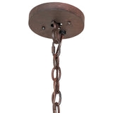 Ceiling canopy and adjustable chain detail of rustic chandelier.