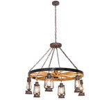 Full view of Miners Lantern wagon wheel chandelier with six lantern lights.