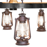 Detail of multiple hanging lantern lights on wagon wheel chandelier.
