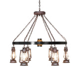 Side view of Miners Lantern chandelier showing hanging lantern spacing.