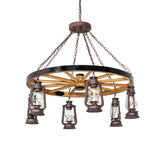 Unlit view of Miners Lantern wagon wheel chandelier with wooden wheel frame.
