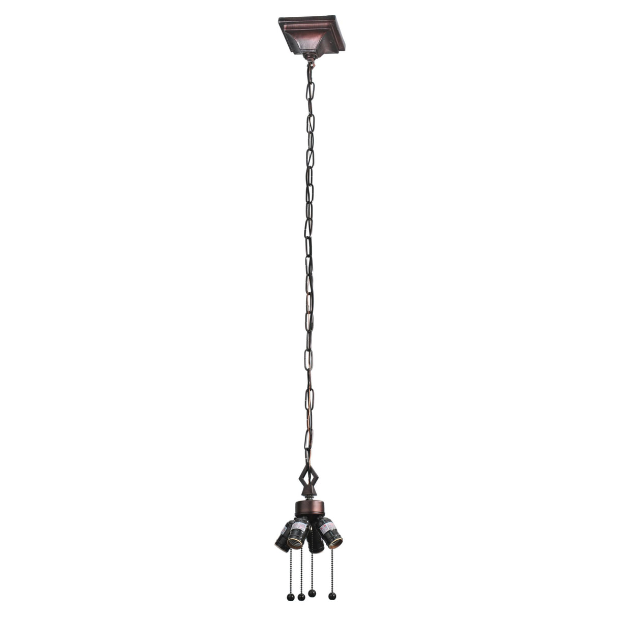 Mission-style 4-light hanging fixture with pull chains and Mahogany Bronze finish.