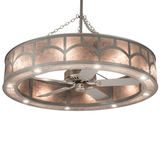 Bottom angle lit view highlighting fan blades and downlights in circular frame.