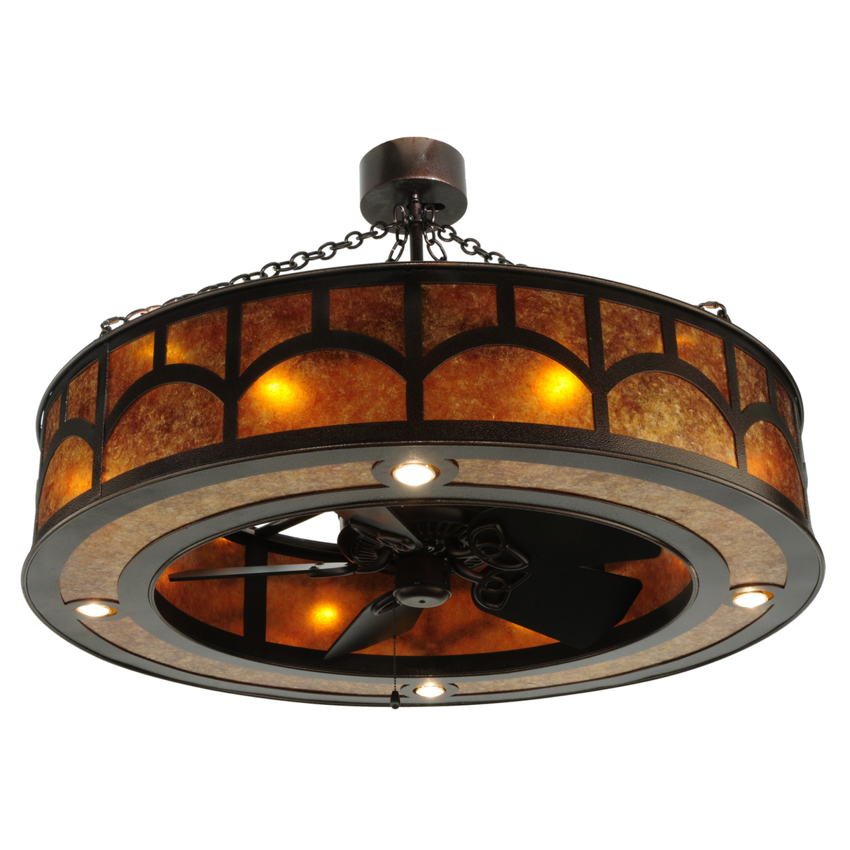 Bottom angled view highlighting fan and ring lighting.