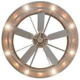 Bottom lit view showing illuminated fan blades and ring of soft downlights.