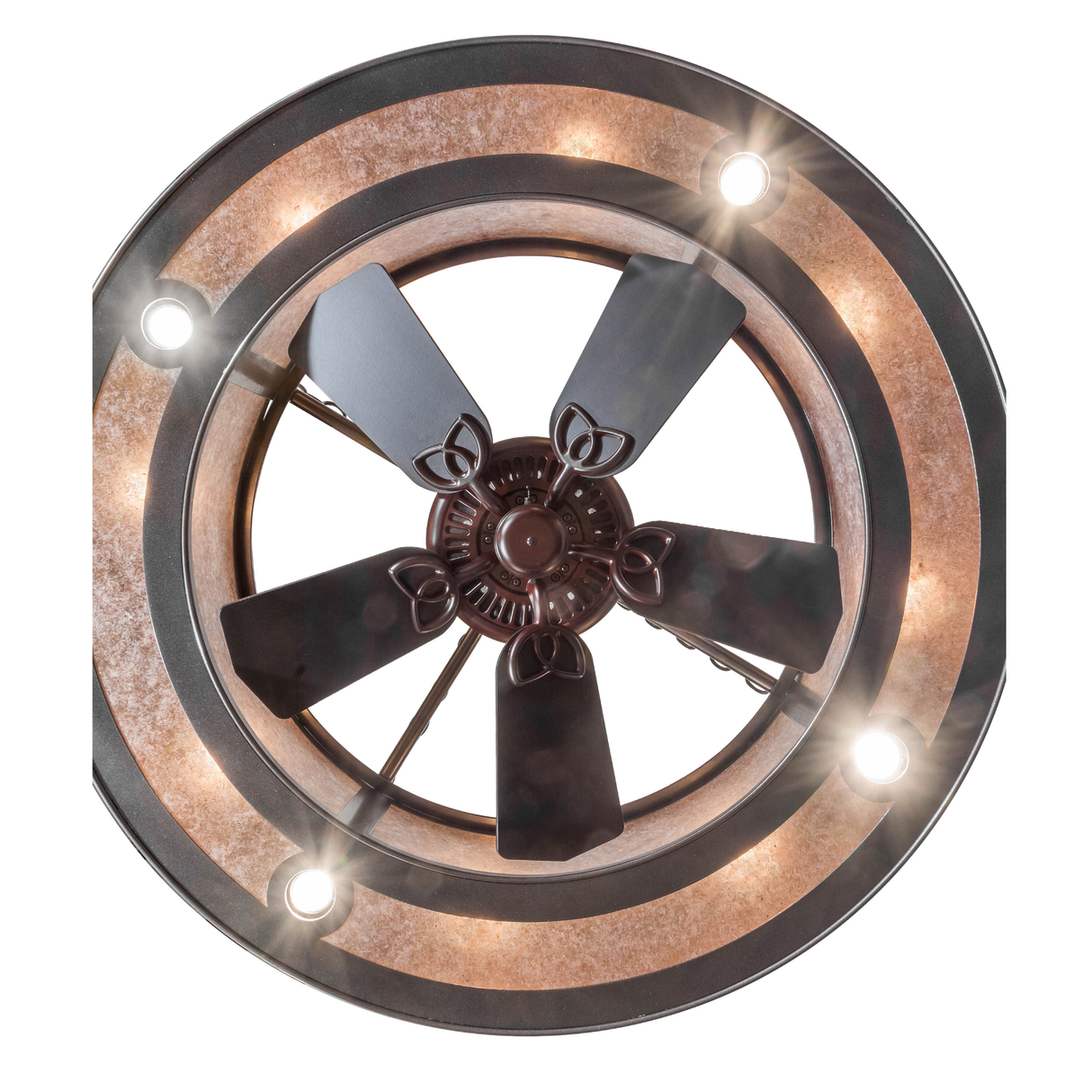 Closeup bottom view showing fan blades and light reflections.