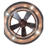 Closeup bottom view showing fan blades and light reflections.