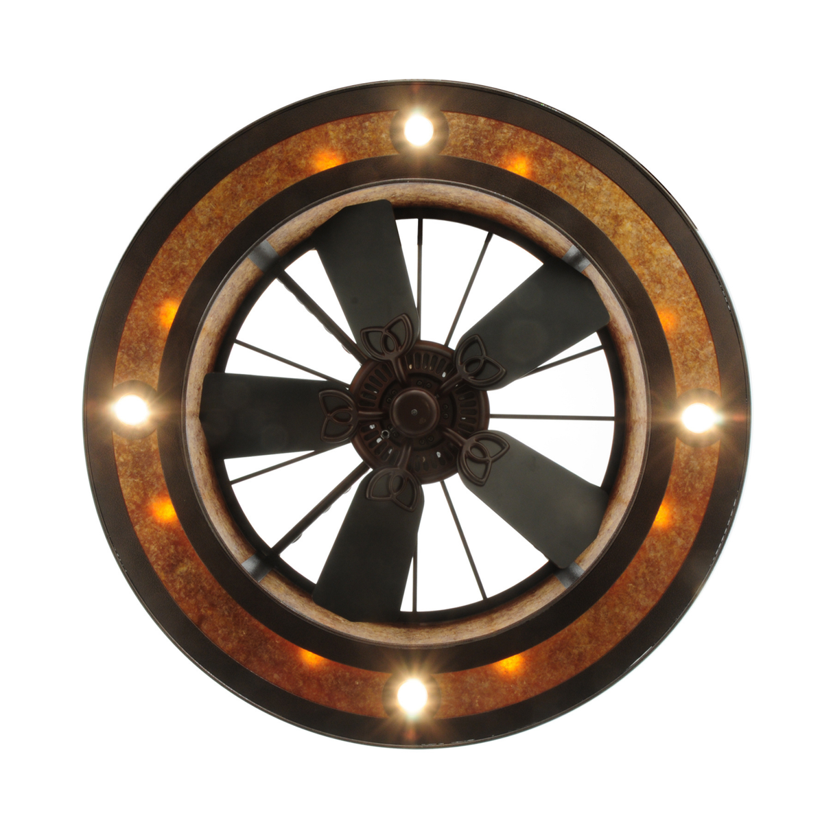 Bottom view showing fan assembly and lighting ring pattern.