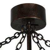 Ceiling canopy detail with chain mount and bronze finish.
