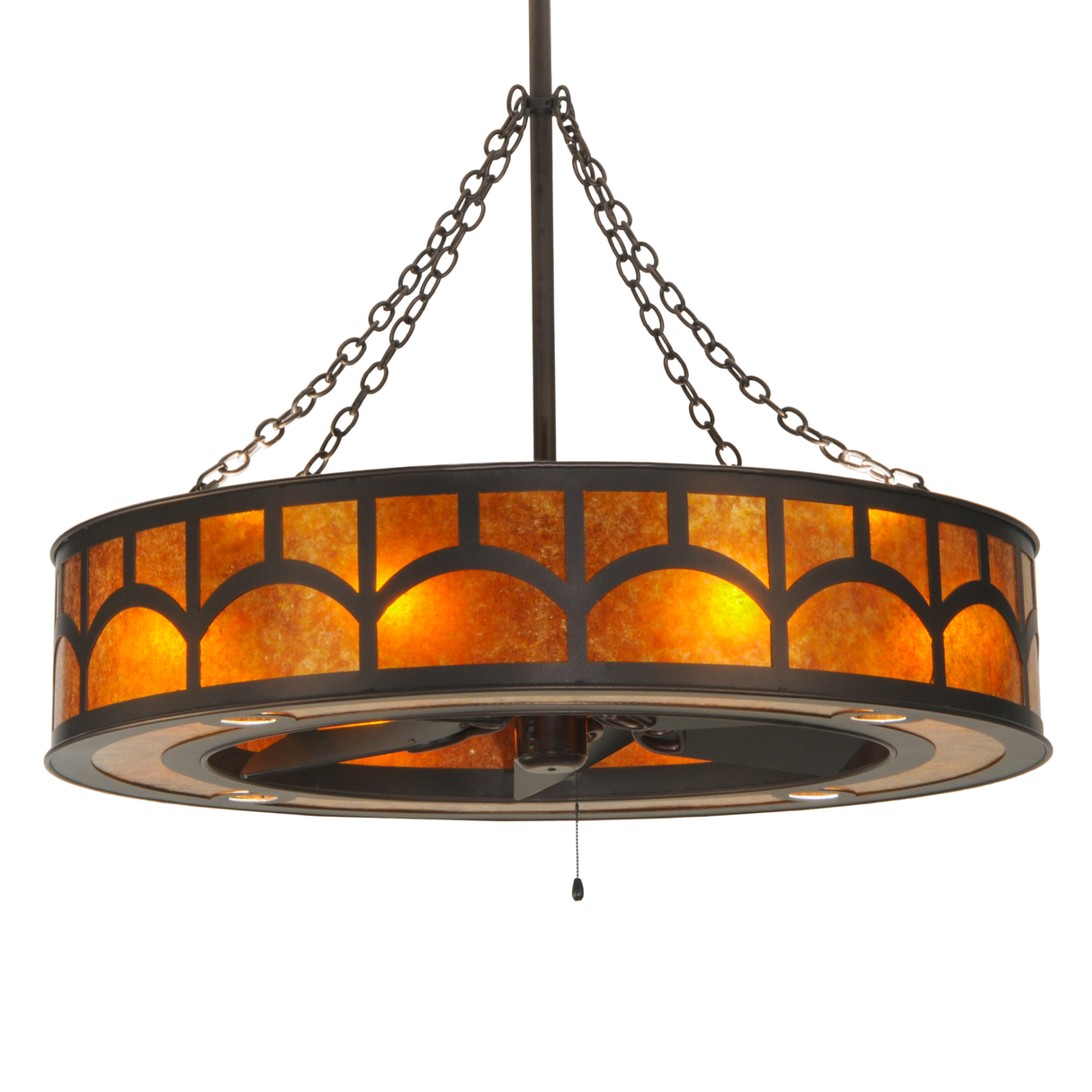 Front angle lit view showing Amber Mica shade and bronze frame.