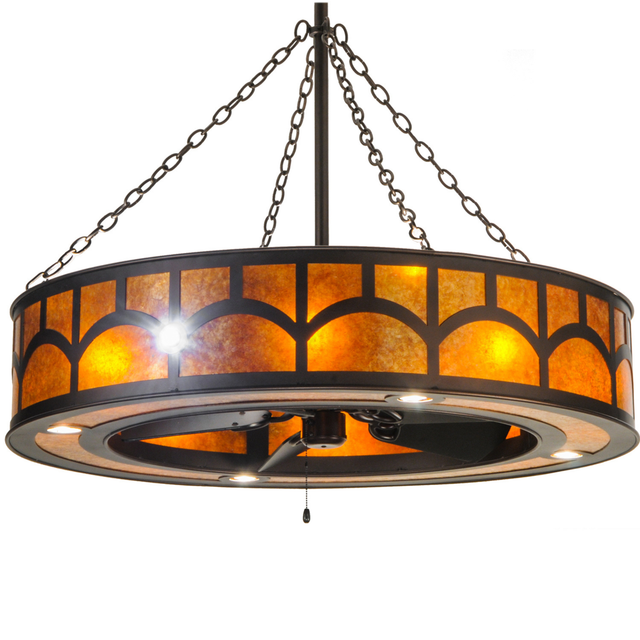 Front angle lit view showing Amber Mica shade and bronze frame.