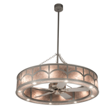 Full lit view capturing entire hanging design with chain supports and soft mica glow.