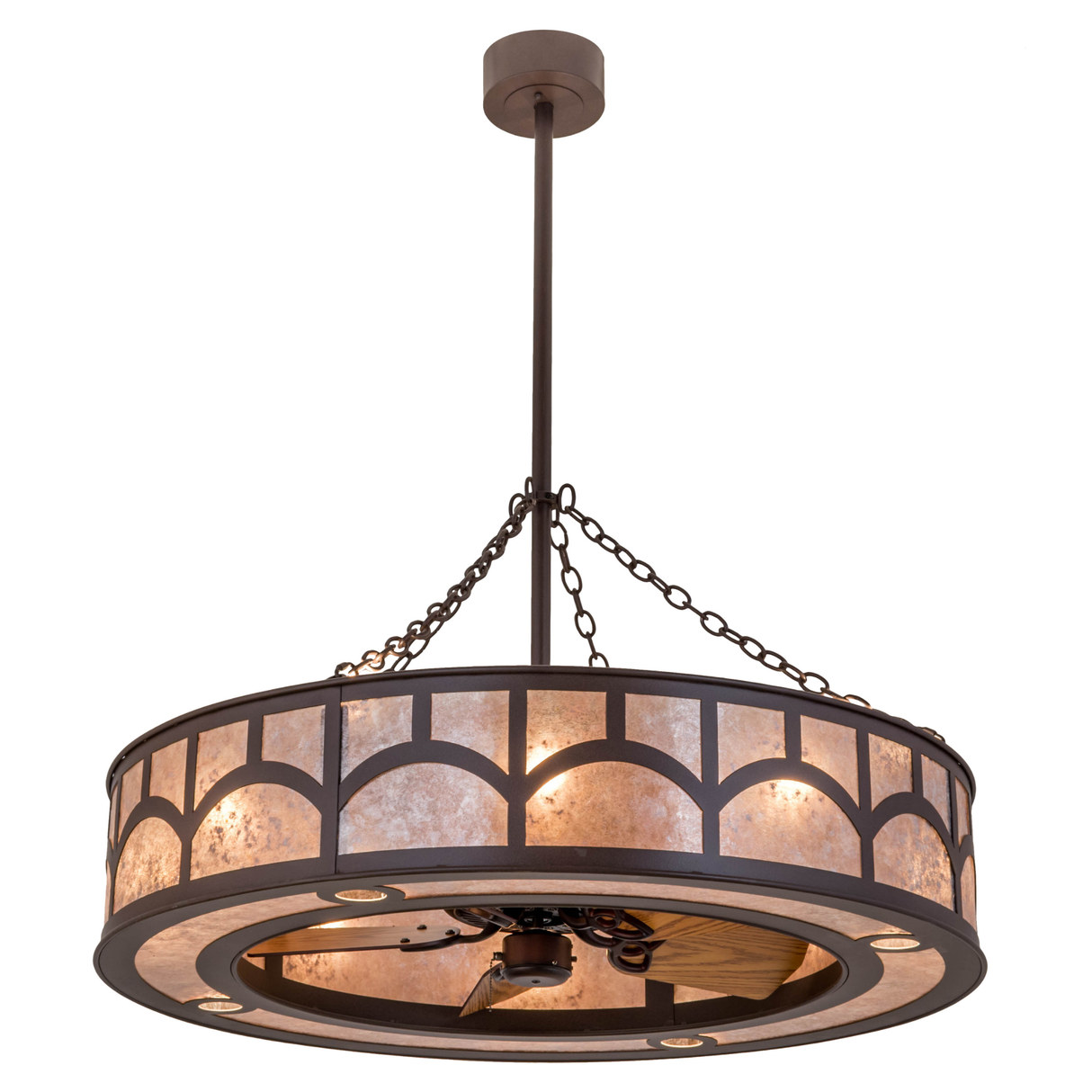 Lower angled view highlighting wood fan blades and light glow.