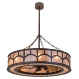Lower angled view highlighting wood fan blades and light glow.