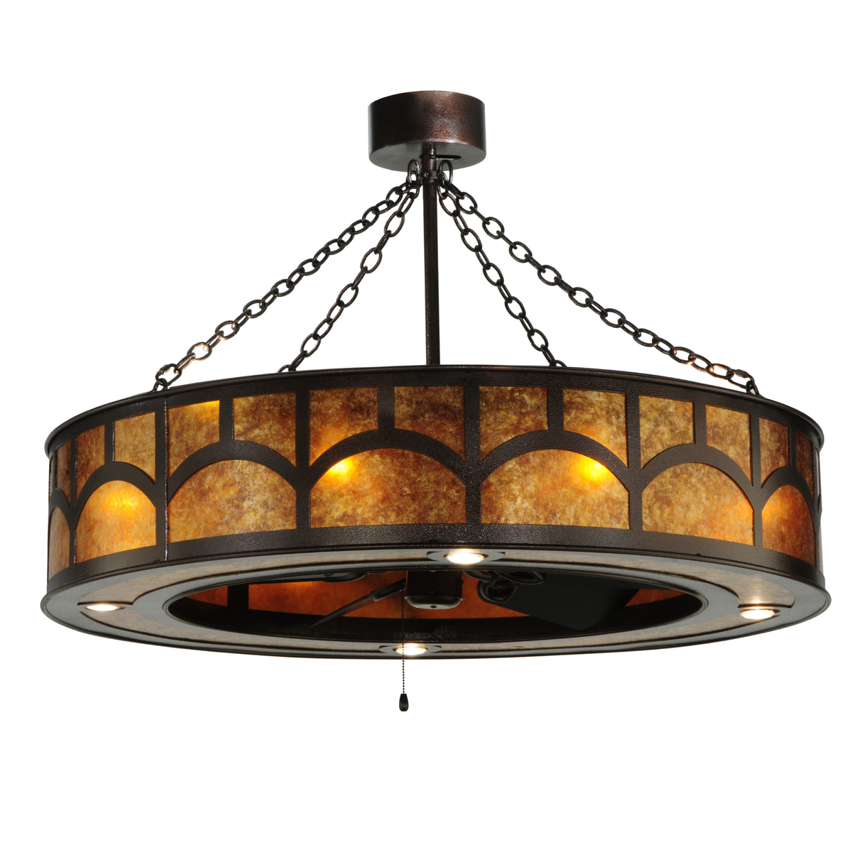 Mission Hill Top Chandel-Air glowing with Amber Mica diffuser and Copper Vein frame.
